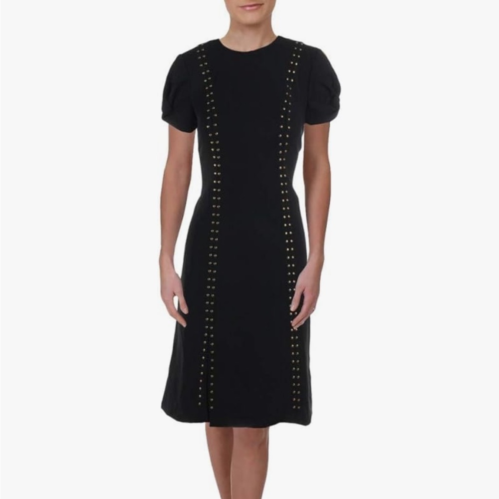 ECI Puff Sleeve Crepe Midi Dress‎ with Metal Studs